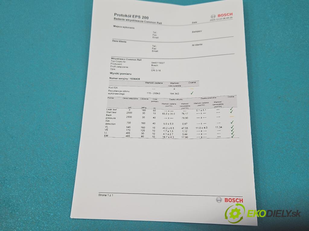 Mercedes ML W164 2005-2011 3.0 cdi 224hp automatic 165 kW 2987 cm3 5- vstrek 0445115027 (Vstrekovač paliva)