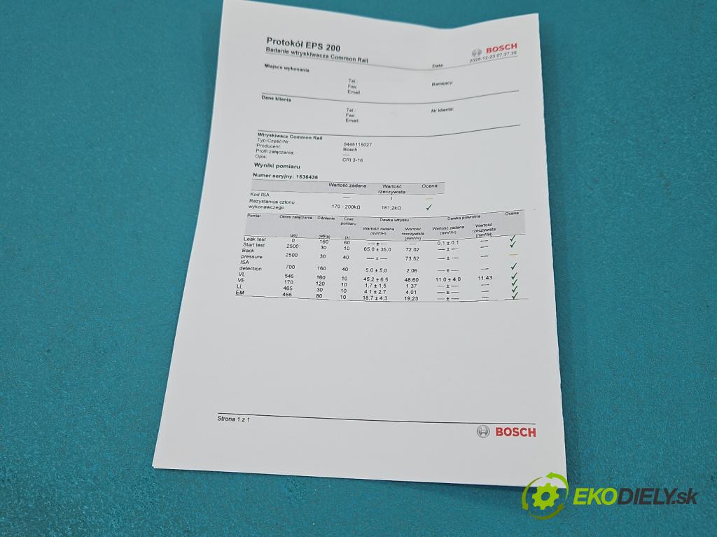 Mercedes ML W164 2005-2011 3.0 cdi 224hp automatic 165 kW 2987 cm3 5- vstrek 0445115027 (Vstrekovač paliva)