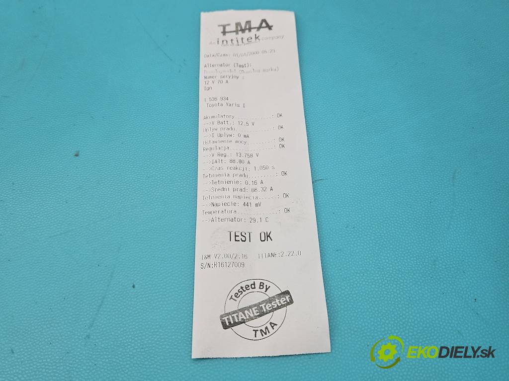 Toyota Yaris I 1999-2005 1.0 vvti 68 HP manual 50 kW 998 cm3 3- Alternator  (Alternátor)