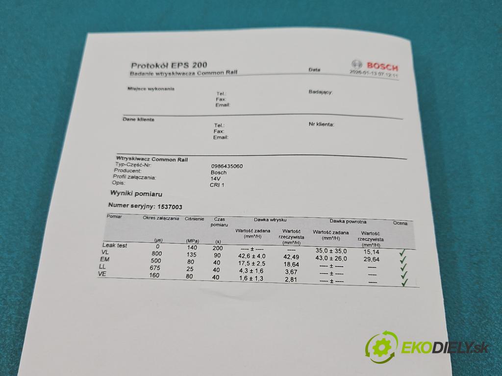 Mercedes Vaneo 1.7 cdi 91 KM manual 67 kW 1689 cm3 5- vstrek 0986435060 (Vstrekovač paliva)