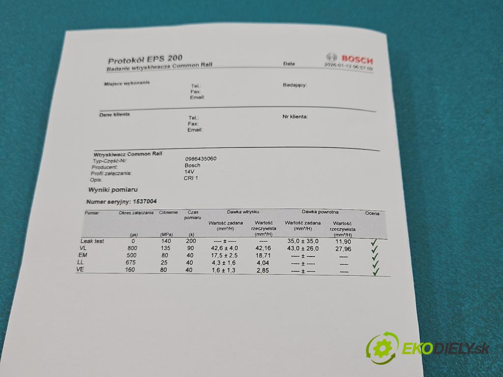 Mercedes Vaneo 1.7 cdi 91 KM manual 67 kW 1689 cm3 5- vstrek 0986435060 (Vstrekovač paliva)