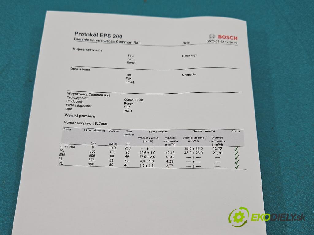 Mercedes Vaneo 1.7 cdi 91 KM manual 67 kW 1689 cm3 5- vstrek 0986435060 (Vstrekovač paliva)