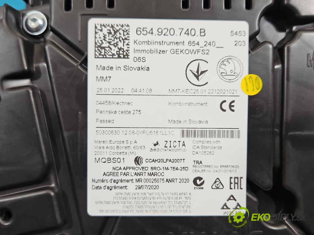 Skoda Scala 2019- 1.0 tsi 114 HP manual 84 kW 999 cm3 5- prístrojovka/ budíky 654920740B (Prístrojová doska)