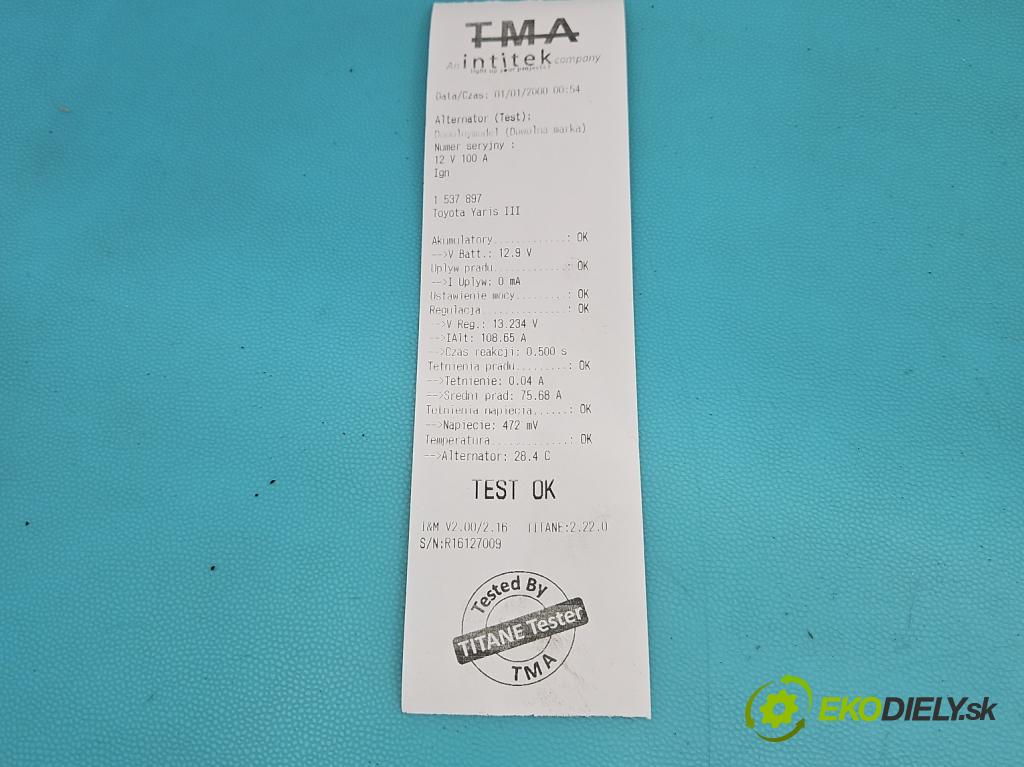 Toyota Yaris III 2011-2020 1.0 vvti 69KM manual 51 kW 998 cm3 5- Alternator 27060-0Q150 (Alternátor)