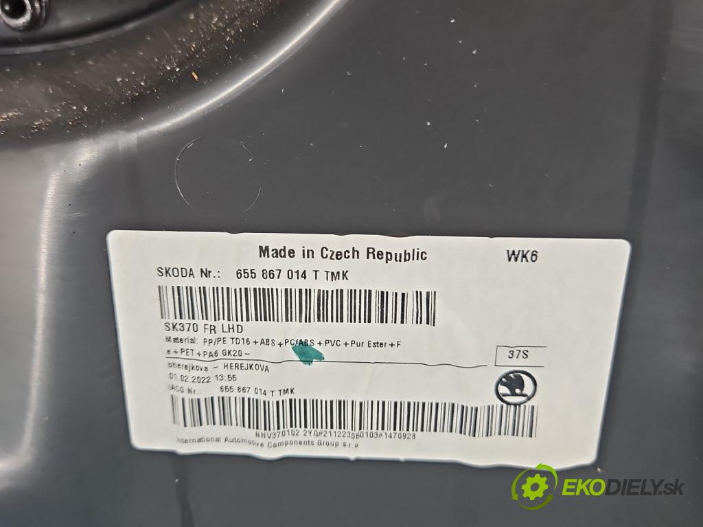 Skoda Scala 2019- 1.0 tsi 114 HP manual 84 kW 999 cm3 5- Čalounictví: dvere predné pravé 655867014T