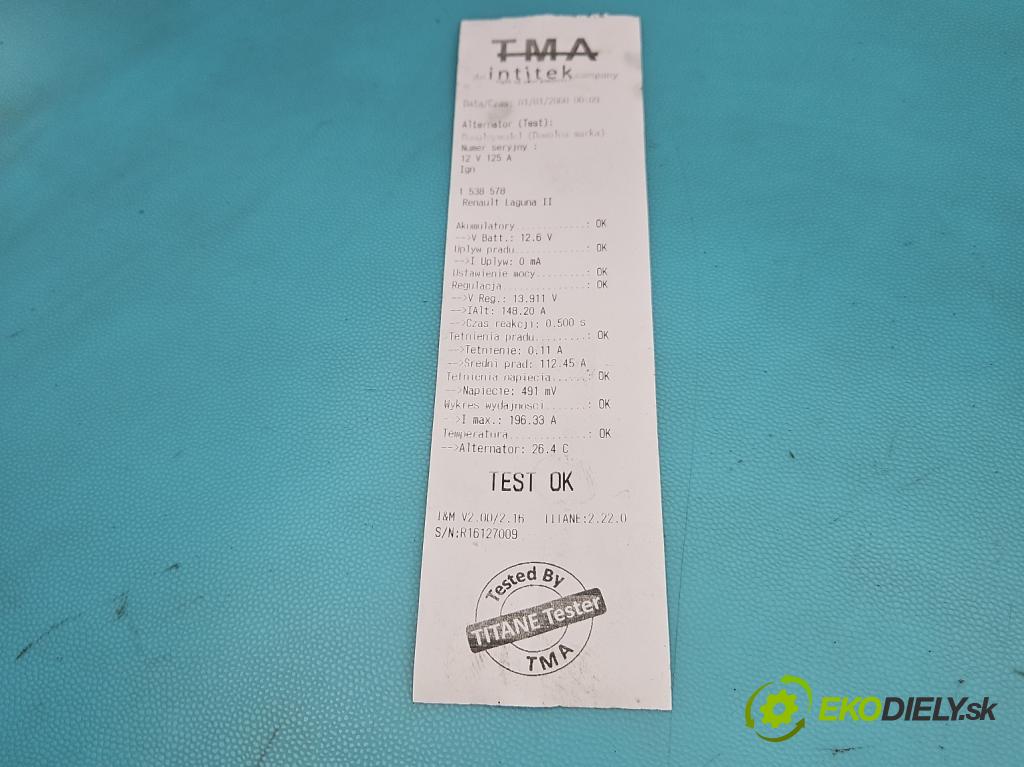 Renault Laguna II 2001-2007 1.8 16V 121KM manual 89 kW 1783 cm3 5- Alternator 8200112065 (Alternátor)