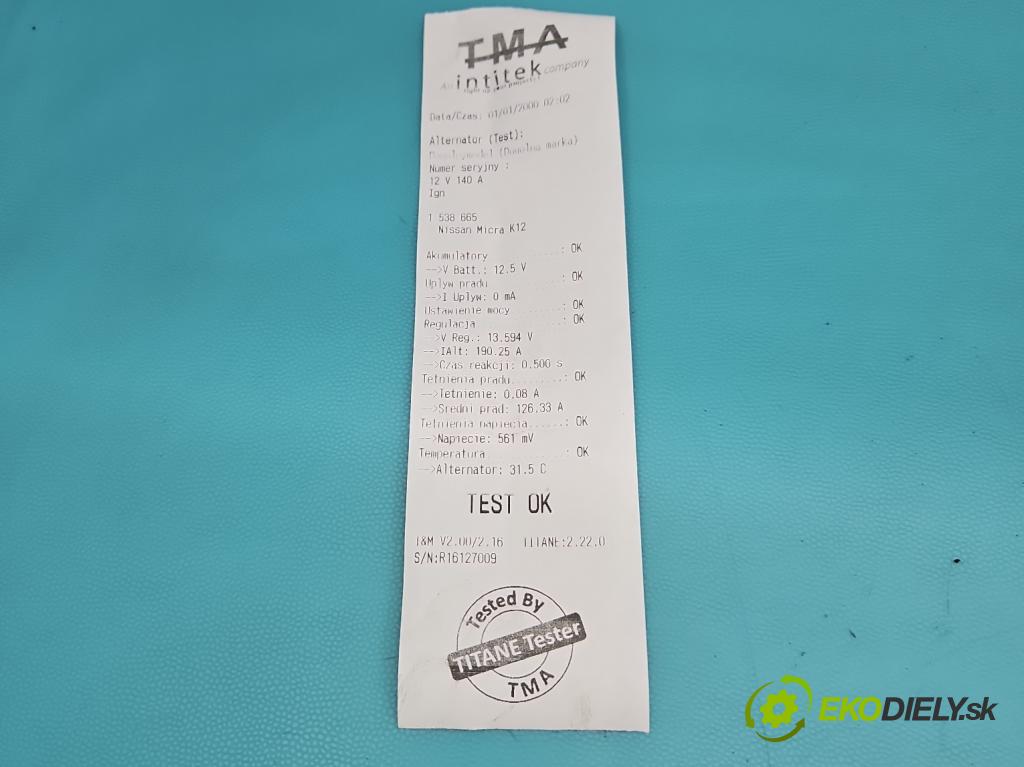 Nissan Micra K12 2003-2010 1.5 dci 65 HP manual 48 kW 1461 cm3 3- Alternator 0124525028 (Alternátor)