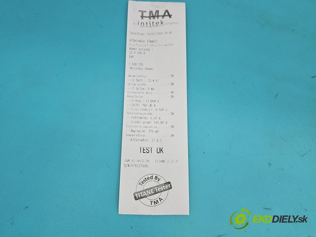 Mercedes Vaneo 1.7 cdi 91 KM manual 67 kW 1689 cm3 5- Alternator 2548702B (Alternátor)