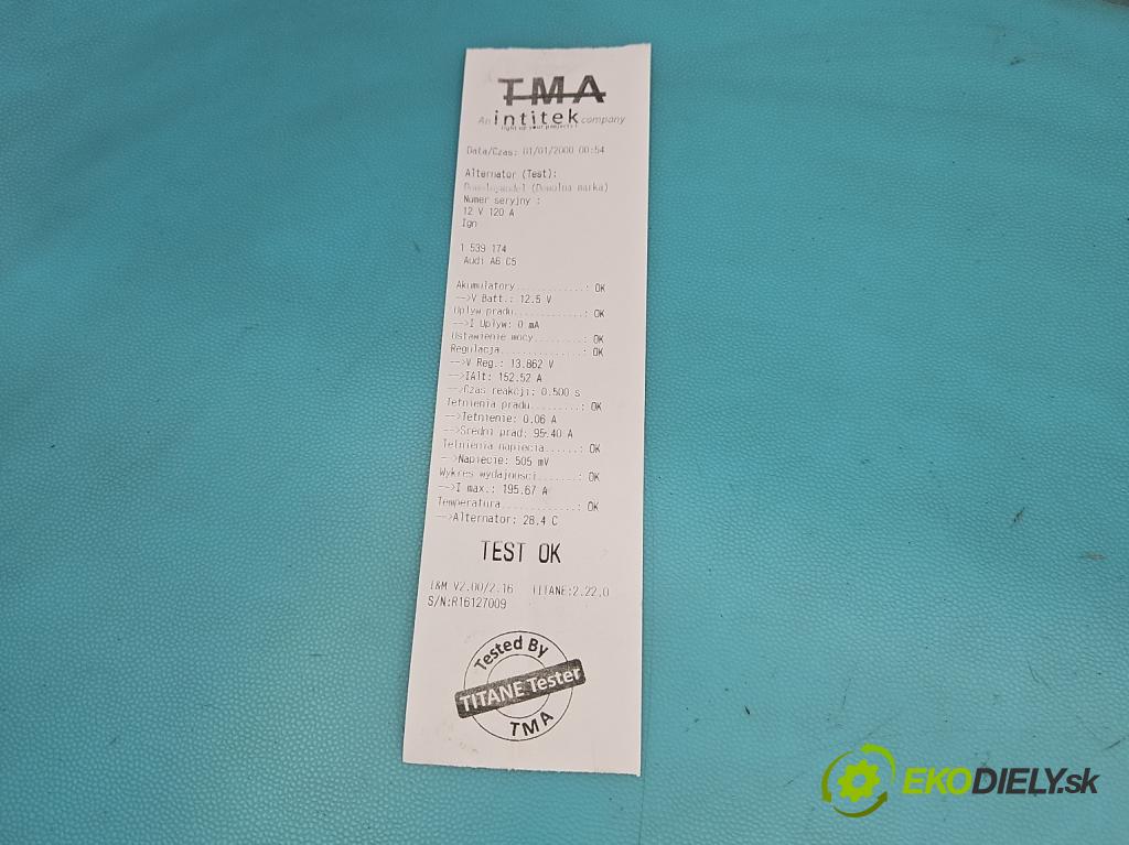 Audi A6 C5 1997-2004 1.9 tdi 110 HP manual 81 kW 1896 cm3 5- Alternator  (Alternátor)