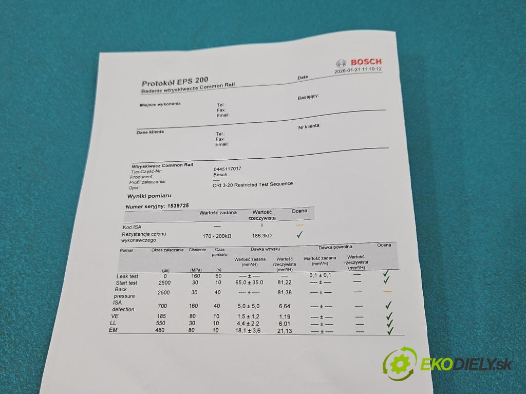Bmw X6 E71 2007–2014 3.0d 306KM automatic 225 kW 2993 cm3 5- vstrek 0445117017 (Vstrekovač paliva)