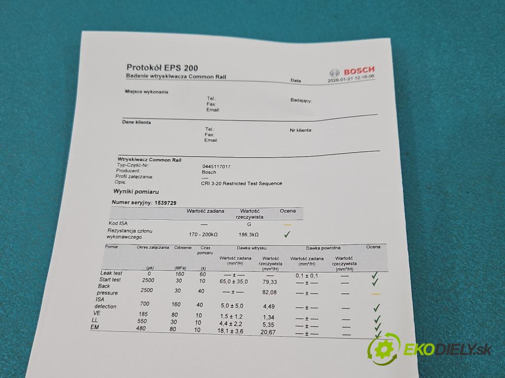 Bmw X6 E71 2007–2014 3.0d 306KM automatic 225 kW 2993 cm3 5- vstrek 0445117017 (Vstrekovač paliva)