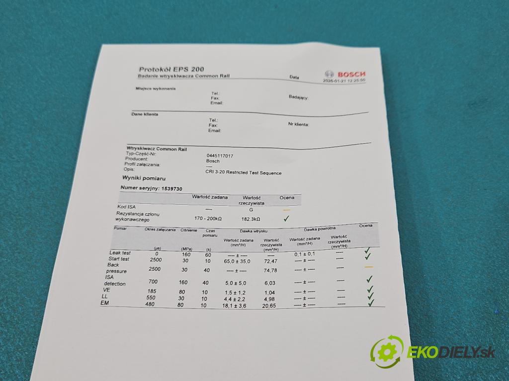 Bmw X6 E71 2007–2014 3.0d 306KM automatic 225 kW 2993 cm3 5- vstrek 0445117017 (Vstrekovač paliva)