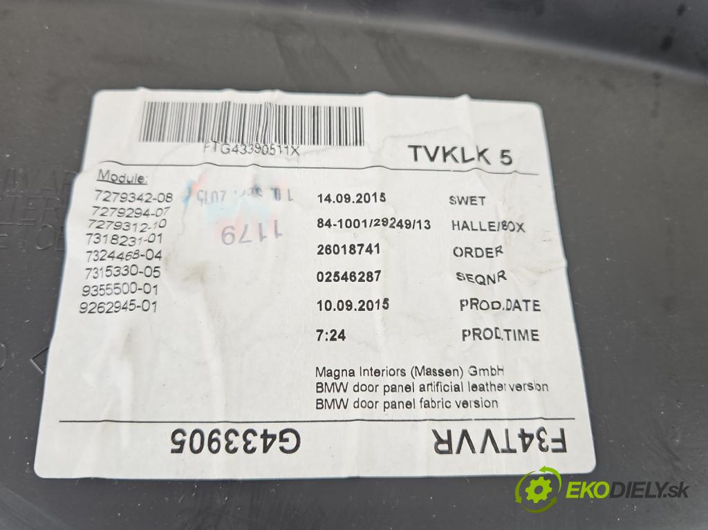 Bmw 3 F34 2013-2020 2.0d 190 HP automatic 140 kW 1999 cm3 5- Čalounictví: dvere predné pravé 7295168