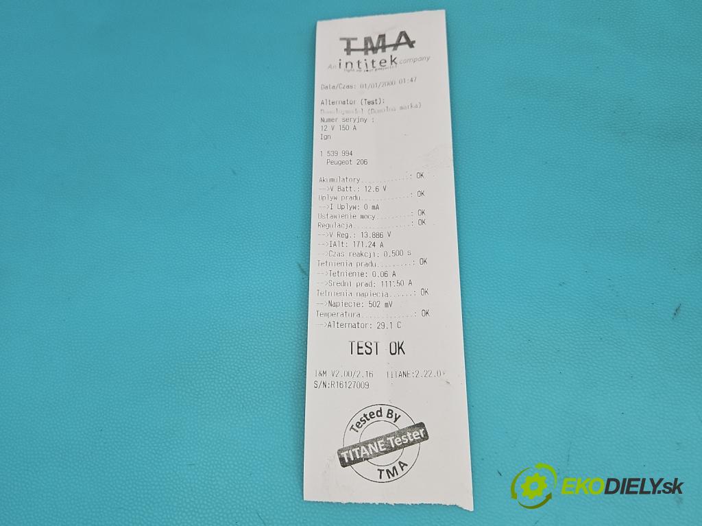 Peugeot 206 1.4 hdi 68 HP manual 50 kW 1398 cm3 5- Alternator 9646321780 (Alternátor)
