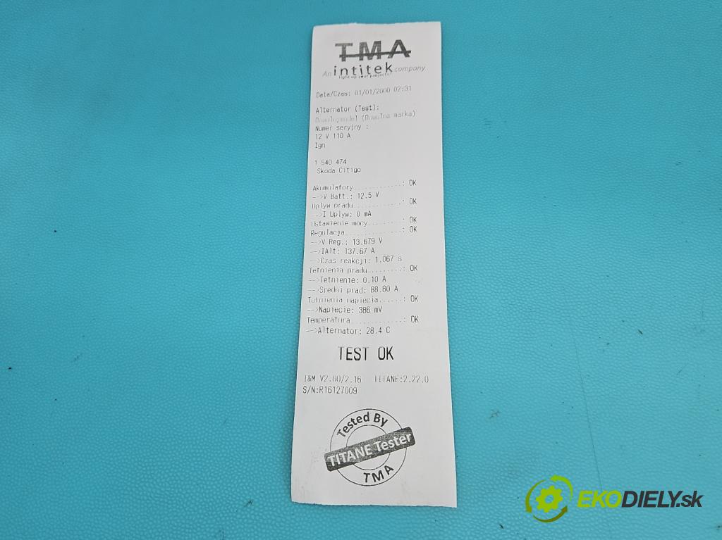 Skoda Citigo 2011-2019 1.0 MPI 60 HP manual 44 kW 999 cm3 5- Alternator 04C903023B (Alternátor)