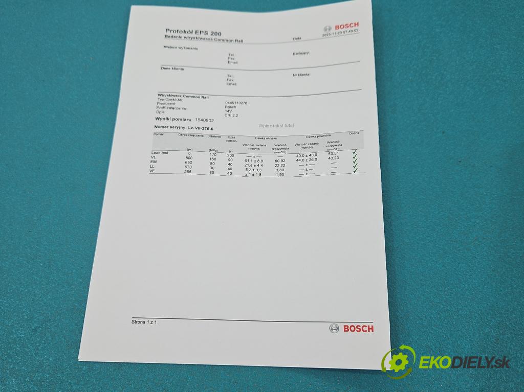 Opel Vectra C 2002-2008 1.9 cdti 120 HP manual 88 kW 1910 cm3 5- vstrek 0445110276 (Vstrekovač paliva)