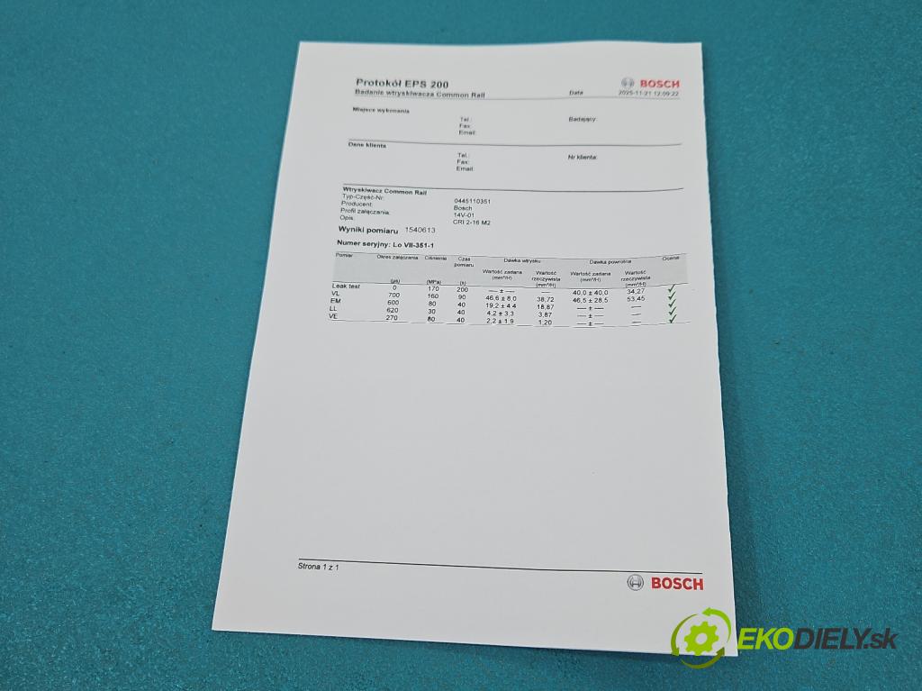 Opel Combo D 2011-2018 1.3 cdti 90 HP manual 66 kW 1251 cm3 5- vstrek 0445110351 (Vstrekovač paliva)