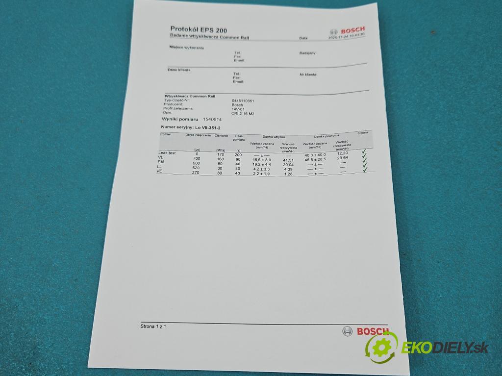 Opel Combo D 2011-2018 1.3 cdti 90 HP manual 66 kW 1251 cm3 5- vstrek 0445110351 (Vstrekovač paliva)