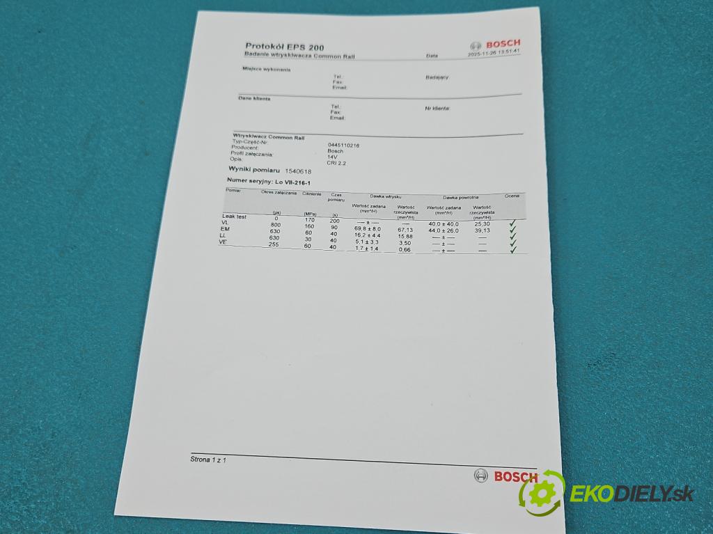 Bmw 3 E90 2005-2013 2.0d 163 HP manual 120 kW 1995 cm3 5- vstrek 0445110216 (Vstrekovač paliva)