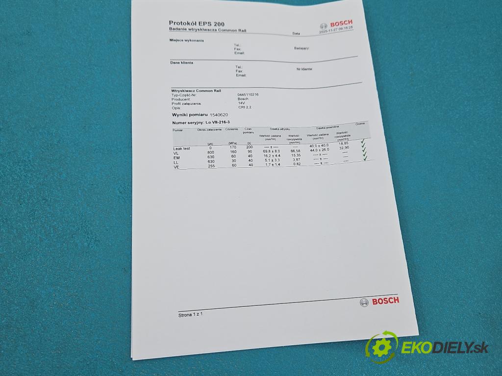 Bmw 3 E90 2005-2013 2.0d 163 HP manual 120 kW 1995 cm3 5- vstrek 0445110216 (Vstrekovač paliva)