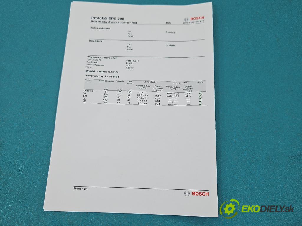 Bmw 3 E90 2005-2013 2.0d 163 HP manual 120 kW 1995 cm3 5- vstrek 0445110216 (Vstrekovač paliva)