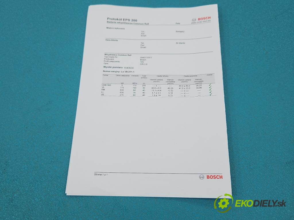 Citroen Berlingo II 2008-2018 1.6 HDi 90 HP manual 66 kW 1560 cm3 5- vstrek 0445110311 (Vstrekovač paliva)