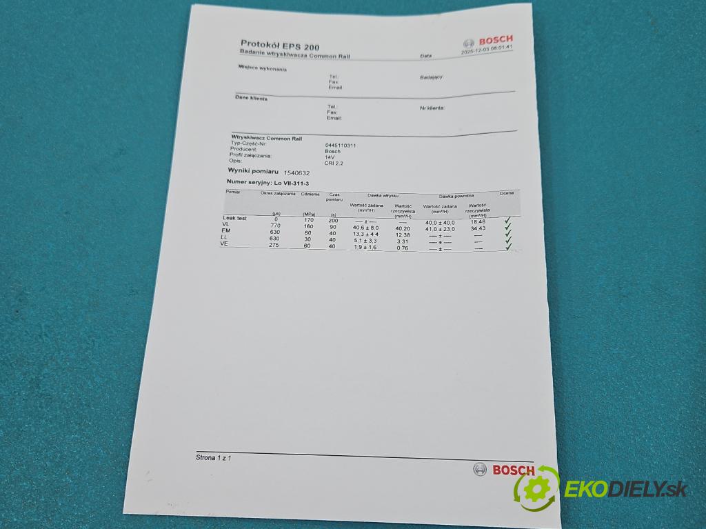 Citroen Berlingo II 2008-2018 1.6 HDi 90 HP manual 66 kW 1560 cm3 5- vstrek 0445110311 (Vstrekovač paliva)