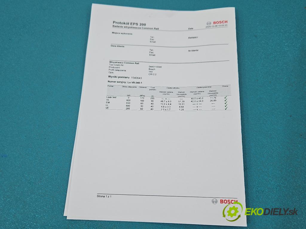 Peugeot 308 I 2007-2013 1.6 hdi 92 HP manual 68 kW 1560 cm3 5- vstrek 0445110340 (Vstrekovač paliva)