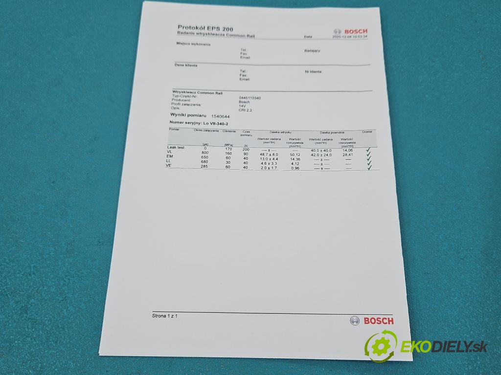 Peugeot 308 I 2007-2013 1.6 hdi 92 HP manual 68 kW 1560 cm3 5- vstrek 0445110340 (Vstrekovač paliva)