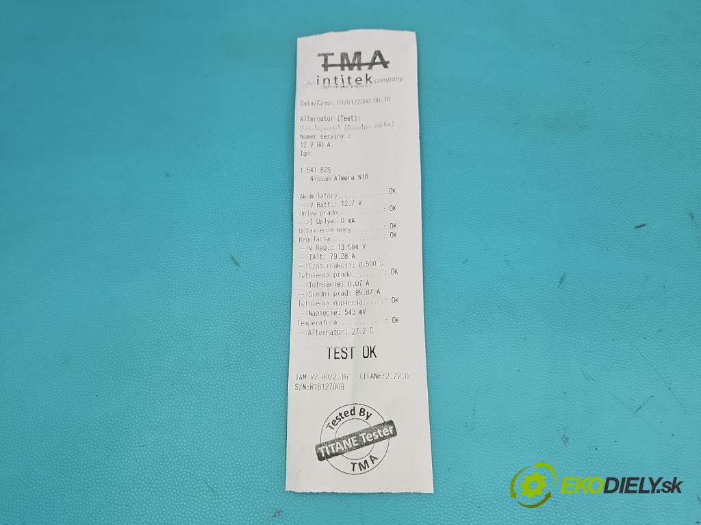 Nissan Almera N16 2000-2006 1.8 16V 116 HP manual 85 kW 1769 cm3 5- Alternator 23100BU010 (Alternátor)