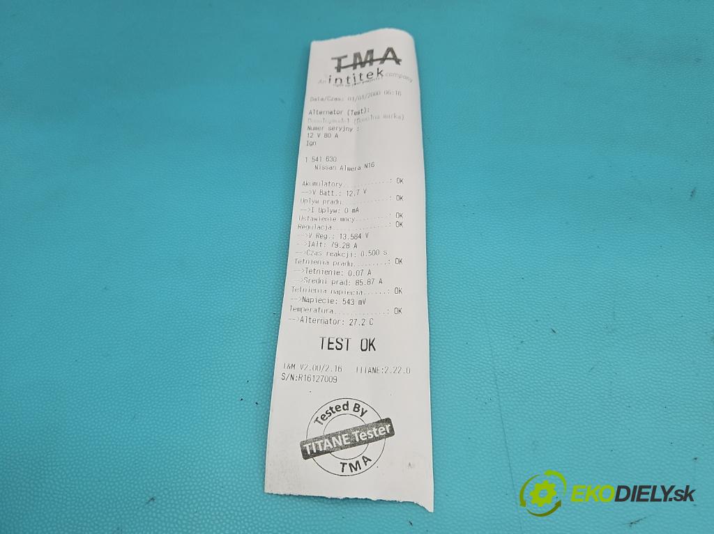 Nissan Almera N16 2000-2006 1.8 16V 114 HP manual 84 kW 1769 cm3 3- Alternator 23100BU010 (Alternátor)