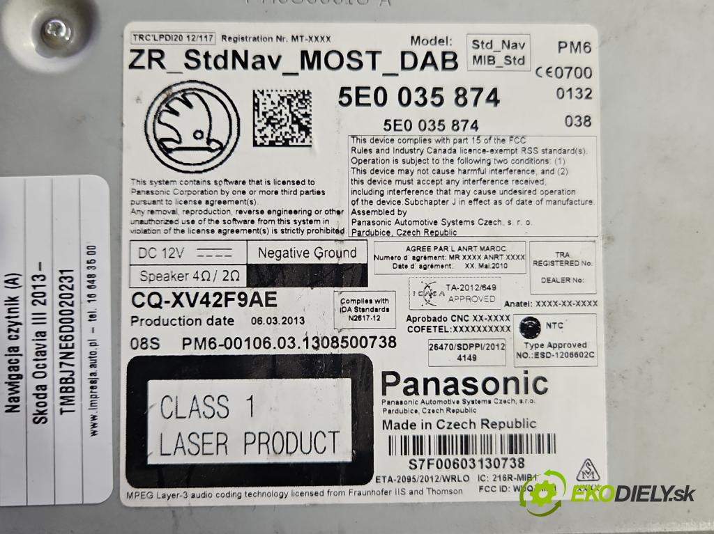 Skoda Octavia III 2013- 2.0 tdi 150 HP manual 110 kW 1968 cm3 5- Navigácia: čítačka 5E0035874