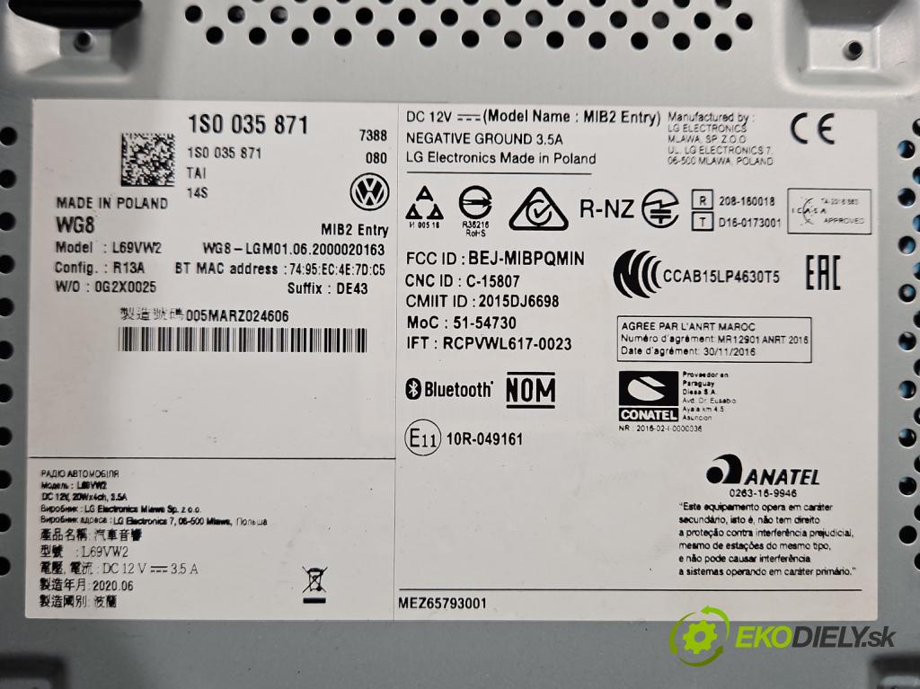 Vw Up 1.0 MPI 60 HP manual 44 kW 999 cm3 3- Radio originál 1S0035871