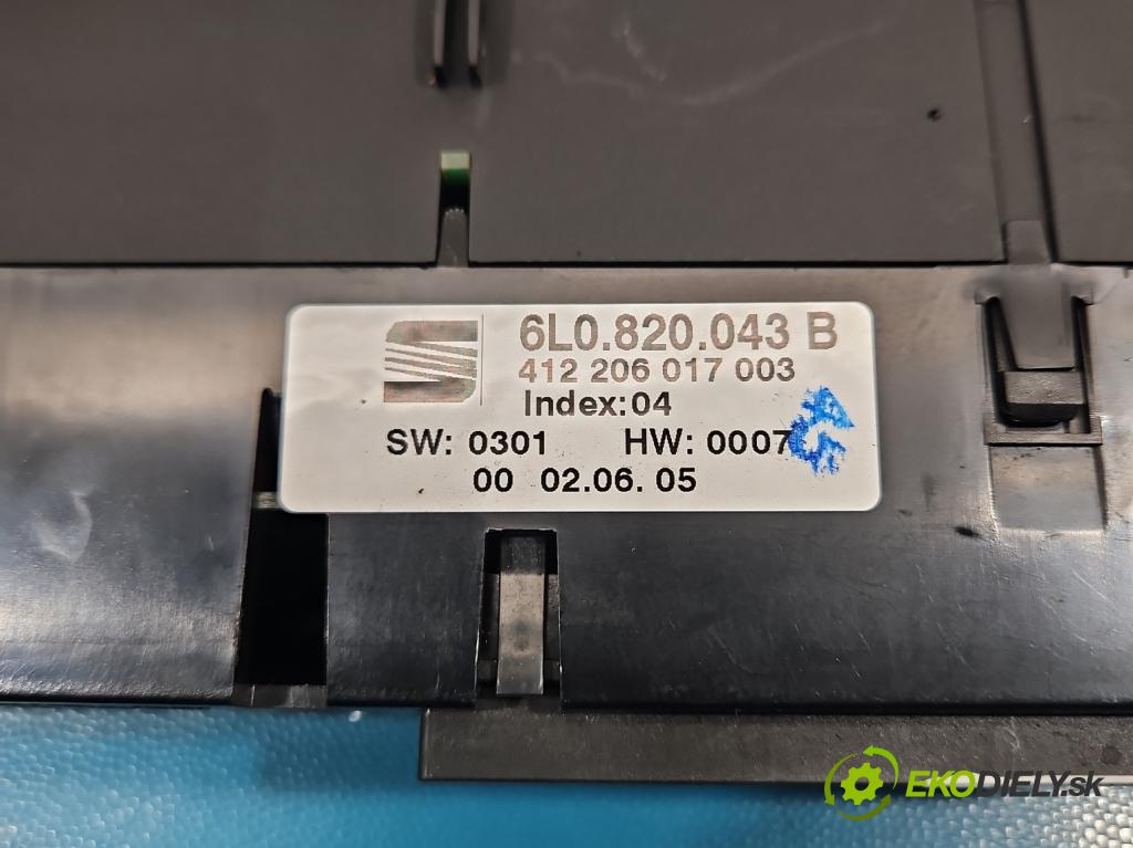 Seat Ibiza III 6L 2002-2008 1.4 16V 75 hp manual 55 kW 1390 cm3 5- palubní deska panel topení 6L0820043B