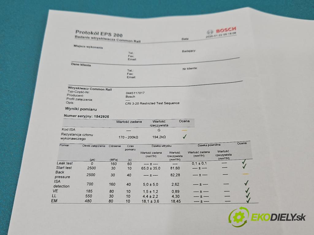 Bmw X6 E71 2007–2014 3.0d 306KM automatic 225 kW 2993 cm3 5- vstrek 0445117017 (Vstrekovač paliva)