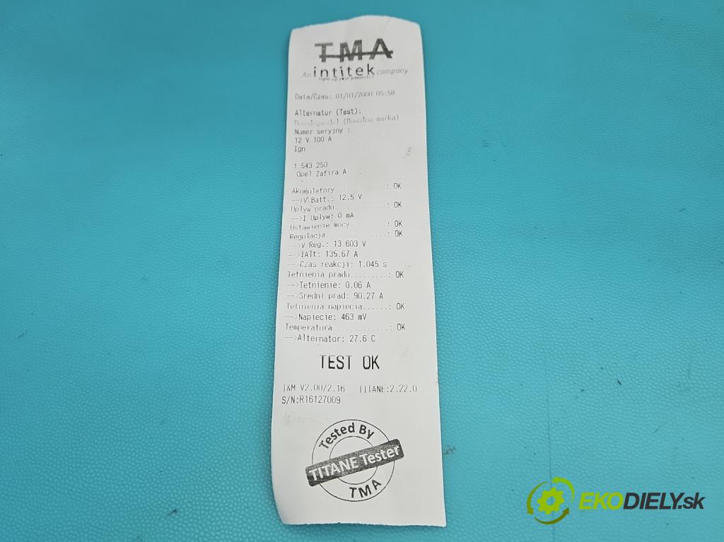 Opel Zafira A 1999-2005 1.8 16V 125 HP manual 92 kW 1796 cm3 5- Alternator 0124415002 (Alternátor)