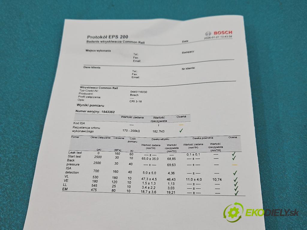 Vw Passat CC 2008-2016 2.0 tdi 170 hp manual 125 kW 1968 cm3 4- vstřikovač 0445116030 (Vstřikovač paliva)
