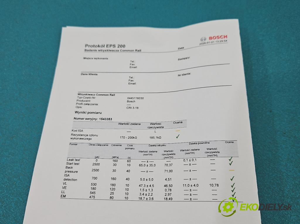 Vw Passat CC 2008-2016 2.0 tdi 170 hp manual 125 kW 1968 cm3 4- vstřikovač 0445116030 (Vstřikovač paliva)