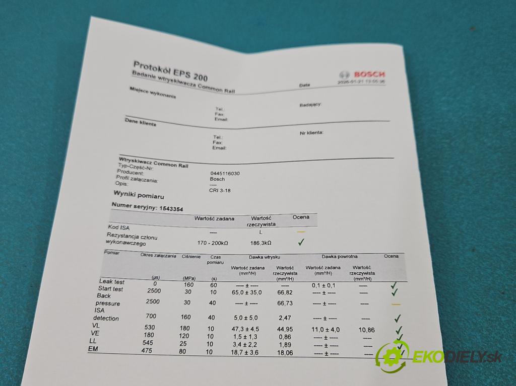 Vw Passat CC 2008-2016 2.0 tdi 170 hp manual 125 kW 1968 cm3 4- vstřikovač 0445116030 (Vstřikovač paliva)