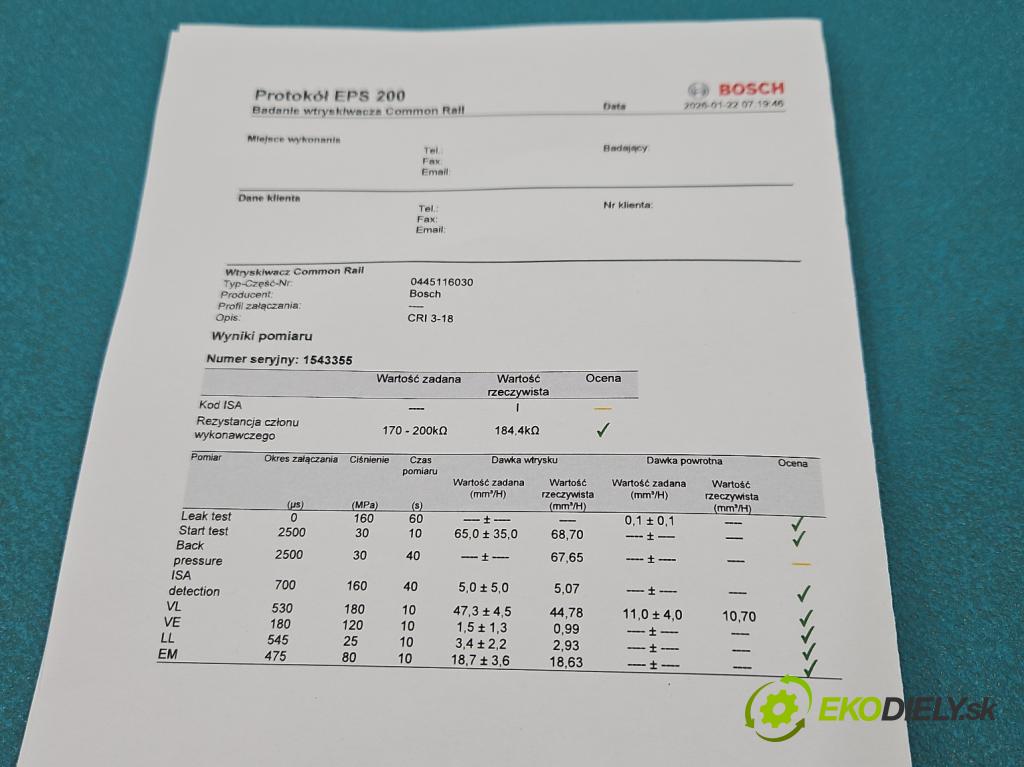 Vw Passat CC 2008-2016 2.0 tdi 170 hp manual 125 kW 1968 cm3 4- vstřikovač 0445116030 (Vstřikovač paliva)