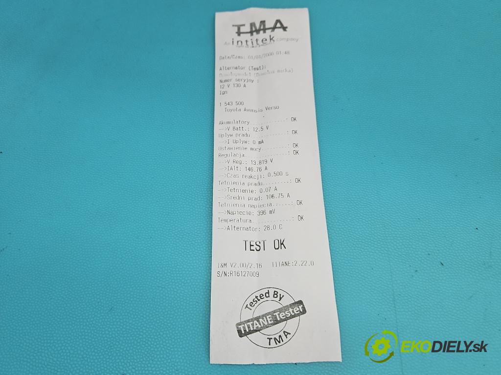 Toyota Avensis Verso 2001-2009 2.0 vvti 150 HP manual 110 kW 1998 cm3 5- Alternator 27060-28070 (Alternátor)