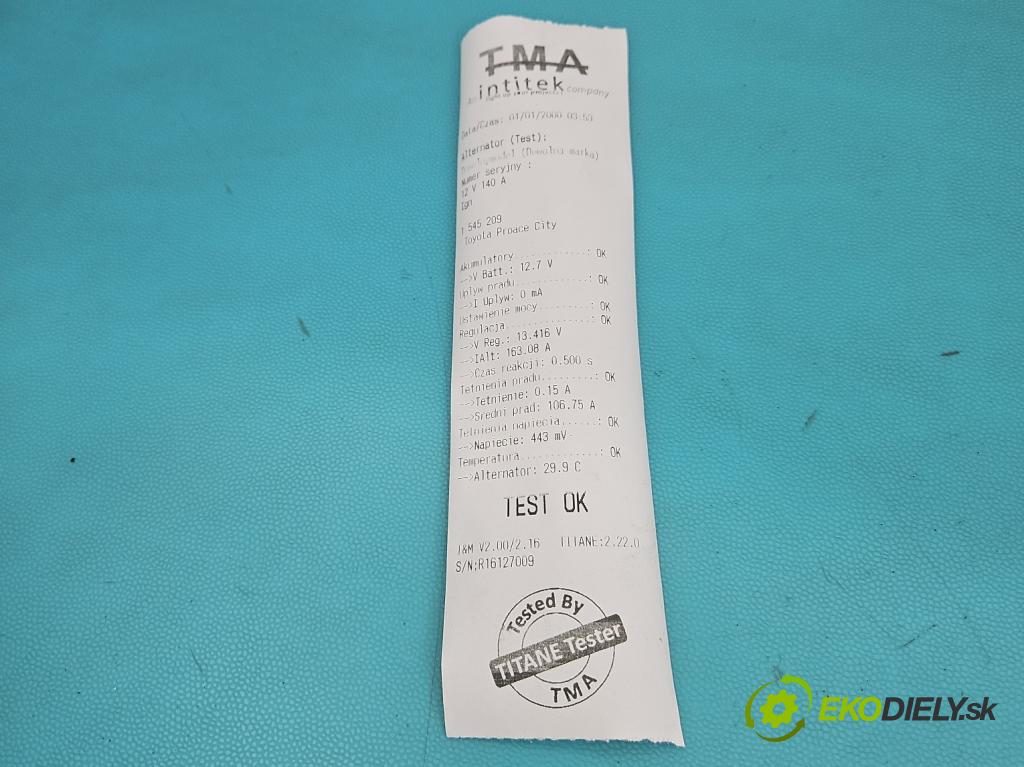 Toyota Proace City 1.5 D4D 131 HP automatic 96 kW 1499 cm3 5- Alternator 9824742880 (Alternátor)