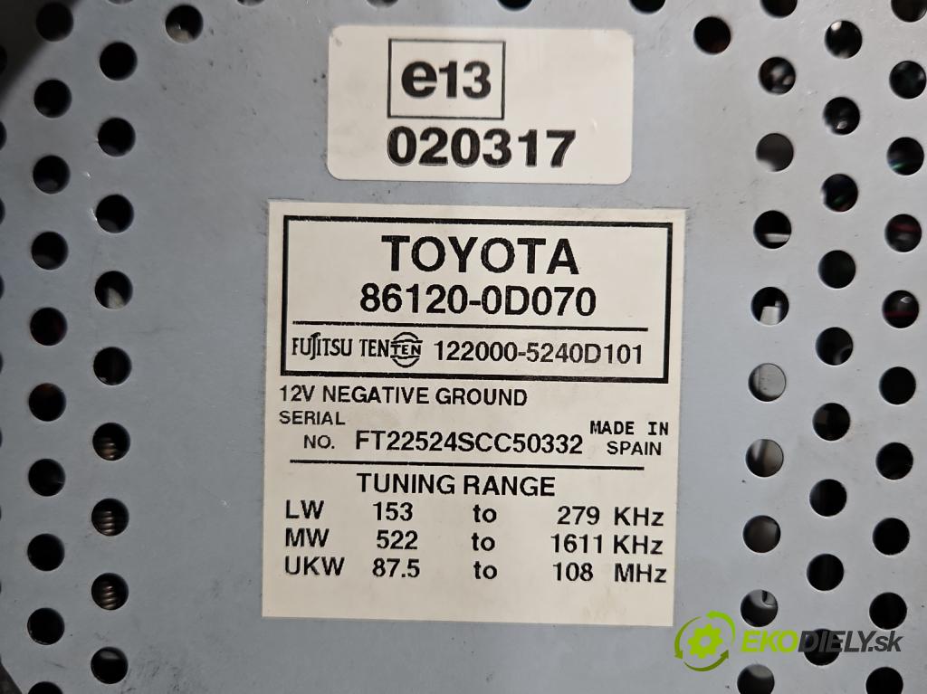 Toyota Yaris I 1999-2005 1.0 vvti 65 hp manual 48 kW 998 cm3 3- Radio továrna: 86120-0D070