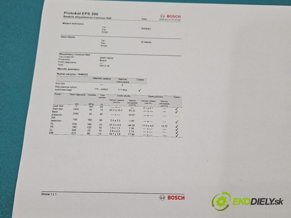 Seat Exeo 2.0 tdi 143 hp manual 105 kW 1968 cm3 5- vstřikovač 0445116030 (Vstřikovač paliva)