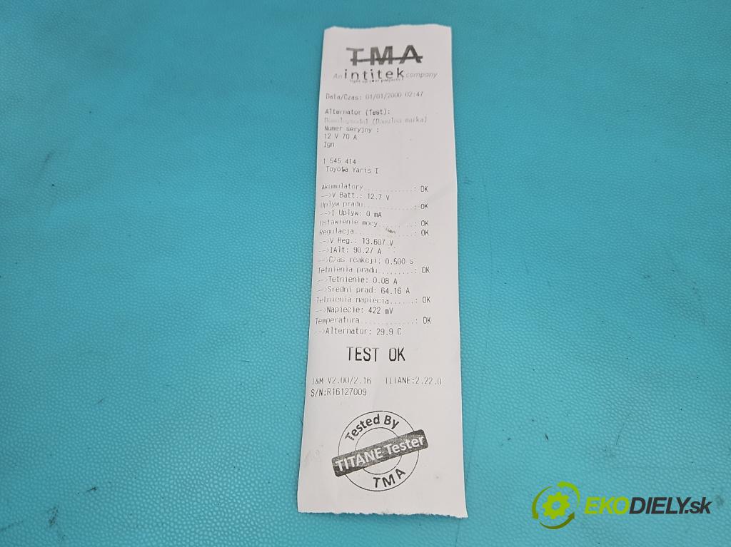 Toyota Yaris I 1999-2005 1.0 vvti 65 HP manual 48 kW 998 cm3 3- Alternator 27060-0J030 (Alternátor)