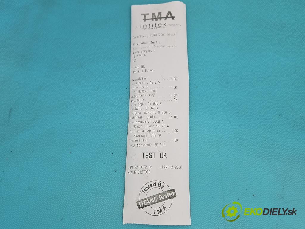 Renault Modus 1.2 16V 75 HP manual 55 kW 1149 cm3 5- Alternator 0124325139 (Alternátor)