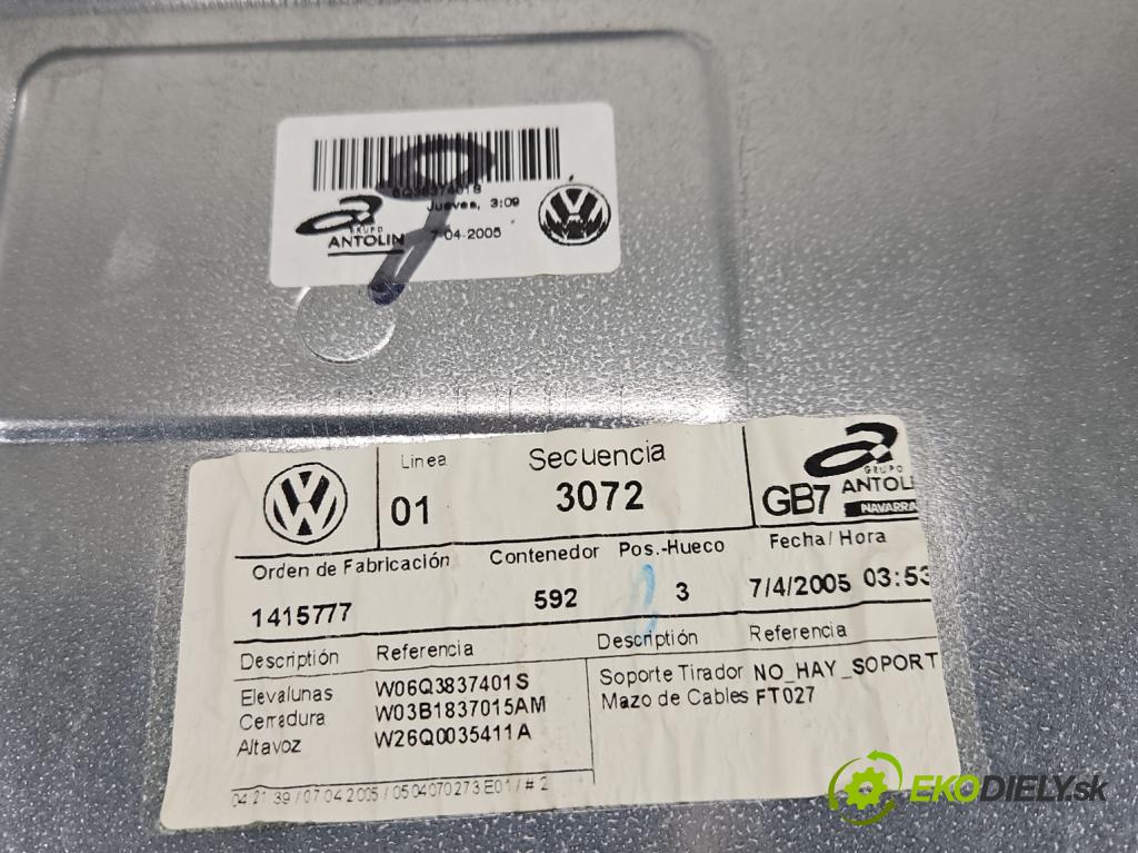 Vw Polo IV 9N 2001-2009 1.2 6V (BMD) 54 HP manual 40 kW 1198 cm3 3- mechanizmus okna predné ľavý 6Y2959802