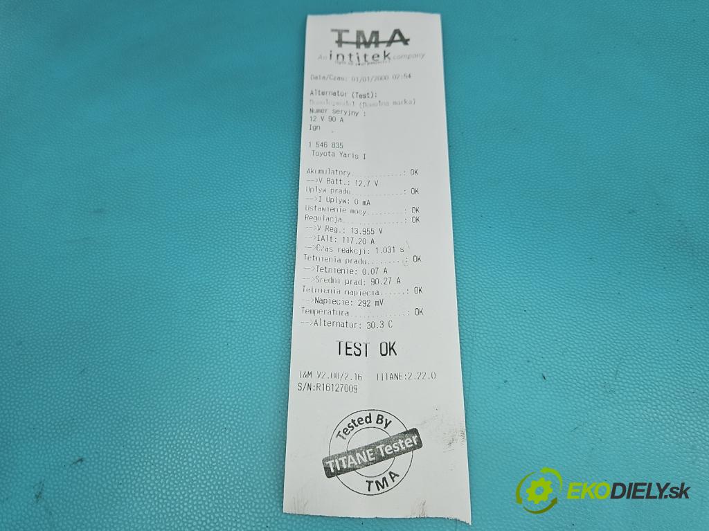 Toyota Yaris I 1999-2005 1.0 vvti 65 HP manual 48 kW 998 cm3 5- Alternator 27060-0J040 (Alternátor)