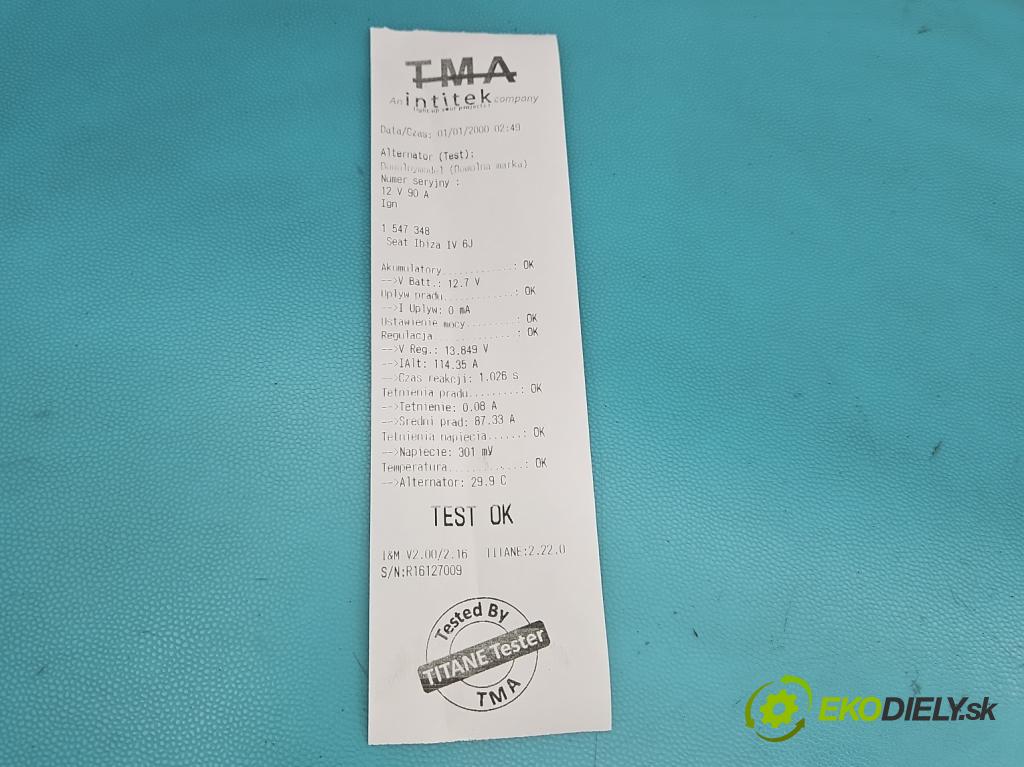 Seat Ibiza IV 6J 2008-2017 1.4 16V 86 HP manual 63 kW 1390 cm3 5- Alternator 0124325013 (Alternátor)