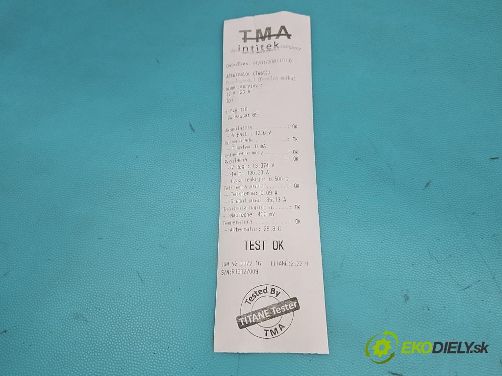 Vw Passat B5 1995-2005 1.9 tdi 110 HP manual 81 kW 1896 cm3 4- Alternator 0123505011 (Alternátor)